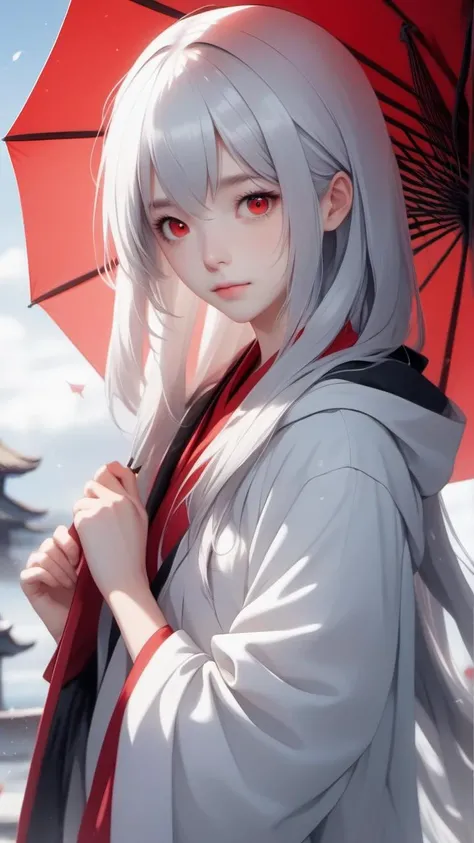 1 girl, 20 year old, grey eyes, shiromuku, white hair, <lora:Shiromuku.VIIStudio:0.2>, holding a red umbrella, intensive long hair