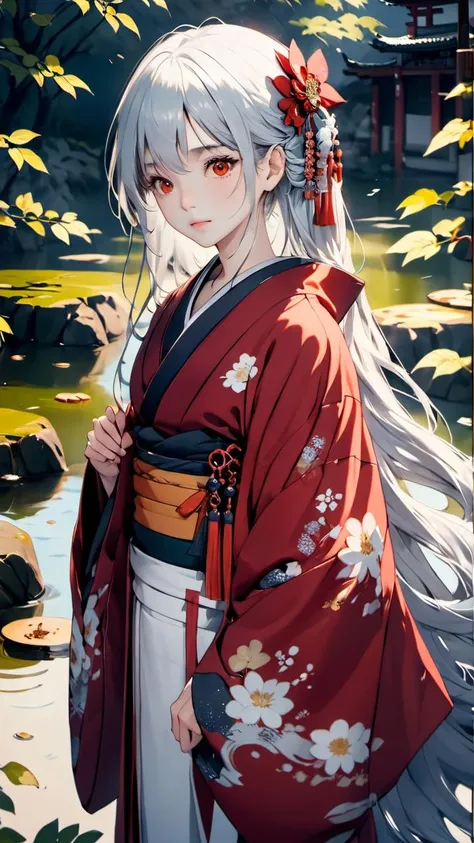 1 girl, 20 year old, shiromuku, white hair, <lora:Shiromuku.VIIStudio:0.7 >. intensive long hair, red kimono