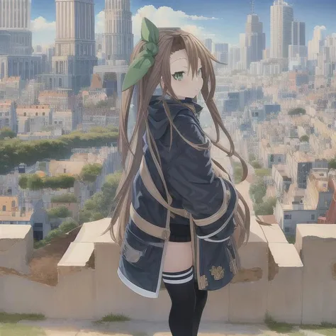 <lora:IFbyTsunako:1.5> , masterpiece, best quality, 1 girl, green eyes,full body, IF by_Tsunako, brown hair, hair accessory, multiple girls, beautiful cityscape, morning, colorful,
