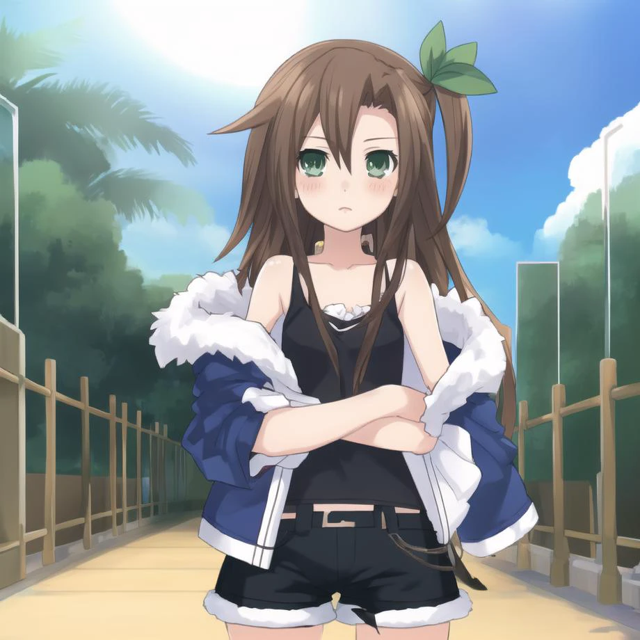 <lora:IFbyTsunako:1.1> , masterpiece, best quality, 1 girl, green eyes, black tank top, black shorts, blue jacket, fur trim, brown hair, hair acessory, IF by_Tsunako, oversized clothes, anime style, raytracing, basilicon, hallways, photorealistic:0.6, 4k, smooth skin:0.6, skin pores, beautiful face, flat chest, <lora:background_V2:0.6>, anime background,