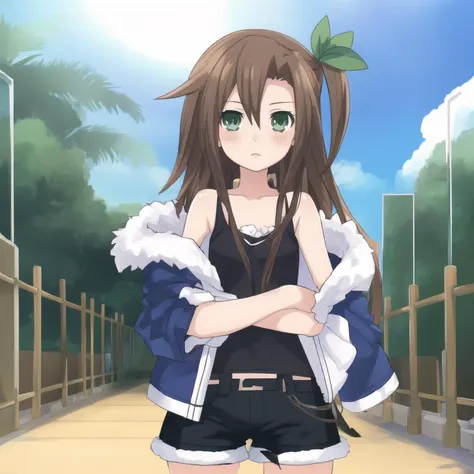 <lora:IFbyTsunako:1.1> , masterpiece, best quality, 1 girl, green eyes, black tank top, black shorts, blue jacket, fur trim, brown hair, hair acessory, IF by_Tsunako,  oversized clothes, anime style, raytracing, basilicon, hallways, photorealistic:0.6, 4k, smooth skin:0.6, skin pores, beautiful face, flat chest,  <lora:background_V2:0.6>, anime background,