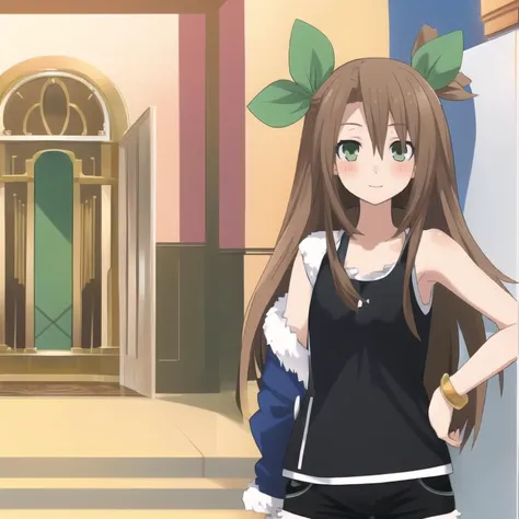 <lora:IFbyTsunako:1.1> , masterpiece, best quality, 1 girl, green eyes, black tank top, black shorts, blue jacket, fur trim, brown hair, hair acessory, IF by_Tsunako,  oversized clothes, anime style, raytracing, basilicon, hallways, photorealistic:0.6, 4k, smooth skin:0.6, skin pores, beautiful face, flat chest,  <lora:background_V2:0.6>, anime background,