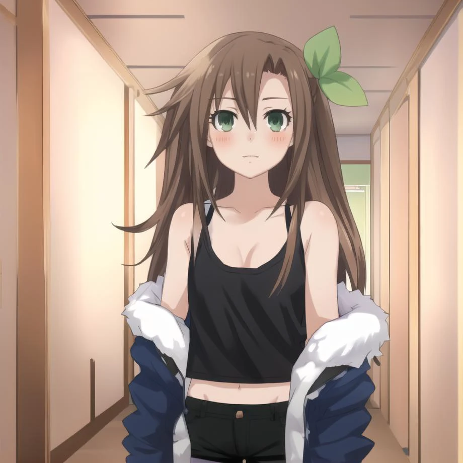 <lora:IFbyTsunako:1.1> , masterpiece, best quality, 1 girl, green eyes, black tank top, black shorts, blue jacket, fur trim, brown hair, hair acessory, IF by_Tsunako, oversized clothes, anime style, raytracing, basilicon, hallways, photorealistic:0.6, 4k, smooth skin:0.6, skin pores, beautiful face, flat chest, <lora:background_V2:0.6>, anime background,