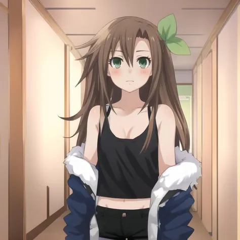 <lora:IFbyTsunako:1.1> , masterpiece, best quality, 1 girl, green eyes, black tank top, black shorts, blue jacket, fur trim, brown hair, hair acessory, IF by_Tsunako,  oversized clothes, anime style, raytracing, basilicon, hallways, photorealistic:0.6, 4k, smooth skin:0.6, skin pores, beautiful face, flat chest,  <lora:background_V2:0.6>, anime background,