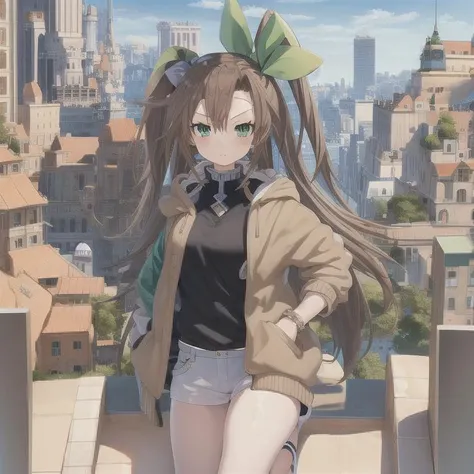 <lora:IFbyTsunako:1.5> , masterpiece, best quality, 1 girl, green eyes,full body, IF by_Tsunako, brown hair, hair accessory, multiple girls, beautiful cityscape, morning, colorful,