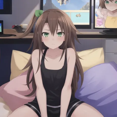 <lora:IFbyTsunako:1.1> , masterpiece, best quality, 1 girl, green eyes, black tank top, black shorts, blue jacket, fur trim, brown hair, (face focus:1), hair acessory, IF by_Tsunako, pretty eyes,  oversized clothes, anime style, raytracing, gaming room, colored pillows, photorealistic:1, 4k, smooth skin:1, skin pores, beautiful face, flat chest,