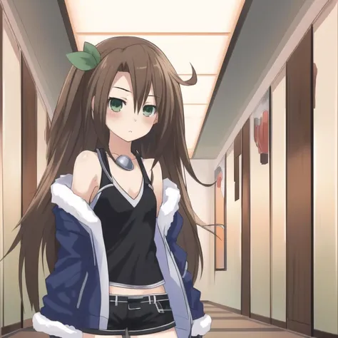 <lora:IFbyTsunako:1.1> , masterpiece, best quality, 1 girl, green eyes, black tank top, black shorts, blue jacket, fur trim, brown hair, hair acessory, IF by_Tsunako,  oversized clothes, anime style, raytracing, basilicon, hallways, photorealistic:0.6, 4k, smooth skin:0.6, skin pores, beautiful face, flat chest,  <lora:background_V2:0.6>, anime background,