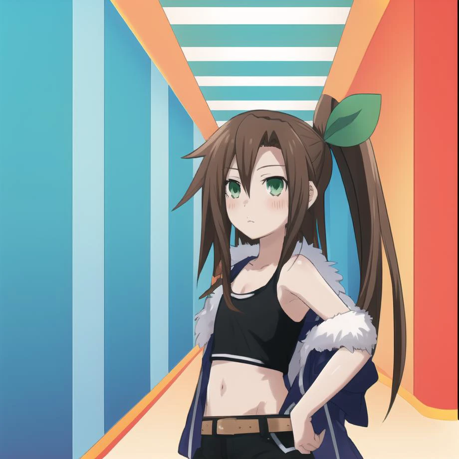 <lora:IFbyTsunako:1.1> , masterpiece, best quality, 1 girl, green eyes, black tank top, black shorts, blue jacket, fur trim, brown hair, hair acessory, IF by_Tsunako, oversized clothes, anime style, raytracing, basilicon, hallways, photorealistic:0.6, 4k, smooth skin:0.6, skin pores, beautiful face, flat chest, <lora:background_V2:0.6>, anime background,