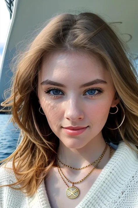 ((extreme close up)) of a stunningly beautiful young woman, face, pale, head shot, nice smile, in a knit sweater, stunning gold necklace, on a yacht at sea, RAW, 8K, UHD, natural lighting, sharp focus, stunning face, nice eyes, fujifilm xt3