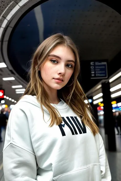 ((extreme close up)) of a stunningly beautiful young woman, face, pale, head shot, nice smile, in a sweatshirt, at the subway station downtown, people in the background, RAW, 8K, UHD, natural lighting, sharp focus, cute girl, stunning face, nice eyes, fujifilm xt3