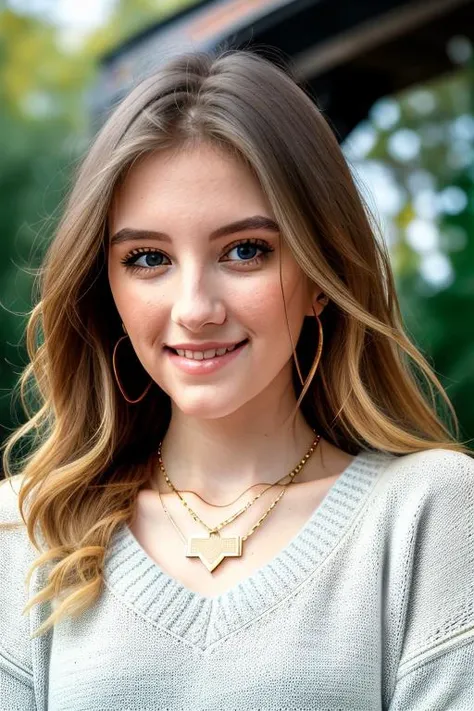 (extreme close up) of an adorable woman, cute sweater, stunning gold necklace, RAW, 8K, UHD, natural lighting, happy to see you, nice smile, stunning face, nice eyes, fujifilm xt3