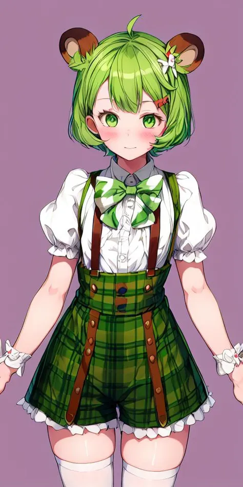 hinokuma ran,<lora:hinokuma ran:0.8>,1girl, animal ears, solo, hair ornament, bear ears, suspenders, bear hair ornament, green eyes, green hair, :3, bow, short sleeves,shirt, short hair, green bow, puffy sleeves,green skirt, white shirt, hairclip, center frills, blush, green bowtie, closed mouth, skirt, bowtie, puffy short sleeves, frills, bangs, plaid, suspender shorts,<lora:flat2:-0.5>,<lora:boldline2:-0.5>,<lora:saturation:0.5>,<lora:noline:-0.5>,<lora:flatBG:0.5>,<lyco:kotobuki:-0.75>