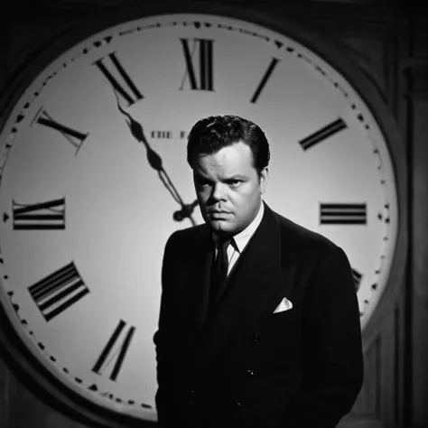 cinematic film still of <lora:1940's style:1>
In the 1940's ORSON WELLES a man standing next to a large clock,looking at viewer,1boy,monochrome,greyscale,male focus,formal,statue ,realistic,realism,perfection,perfect,filmic,retro,vintage,classic,different haircut,different look,different style,1940's style , 1940 style, shallow depth of field, vignette, highly detailed, high budget, bokeh, cinemascope, moody, epic, gorgeous, film grain, grainy