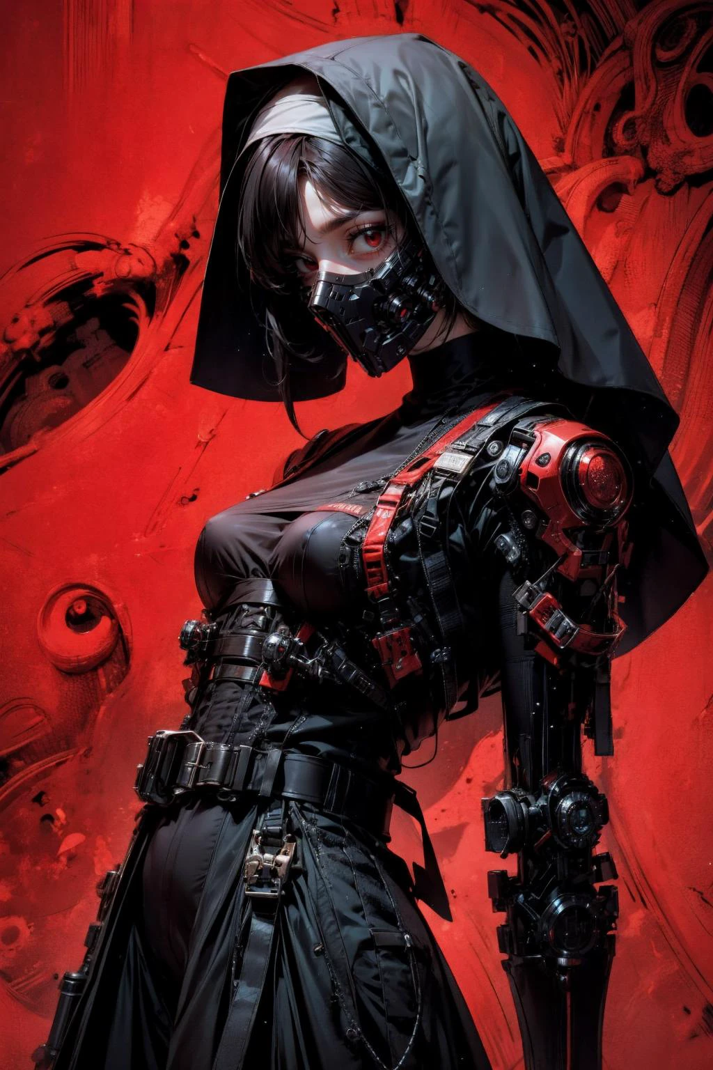 (masterpiece:1.1), (best quality:1.1), (flat colors:1.2), BREAK,
(dark fantasy:1.0), (red theme:1.1), (crimson:1.1), (abstract background:1.0), BREAK,
(solo:1.3), (dynamic angle:1.0), (nun:1.1), (bio mechanical:1.0), (cybernetic parts:1.1), (tactical vest:1.0), (with buckle and tape:1.0), (mouth mask:1.0), (busty:1.0), <lora:urbansamurai_v0.3:0.6>,