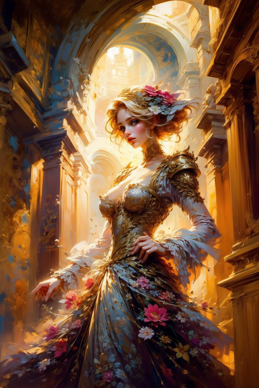(masterpiece:1.1), (best quality:1.1), (intricate:1.1), (detailed:1.1), (ornate:1.1), (aesthetic:1.1), (vibrant colors:1.1), BREAK,
(rococo:1.0), (baroque:1.0), BREAK,
(cowboy shot:1.0), (solo:1.0), (1girl:1.1), (floral dress:1.0), (elegant:1.0), (lycoris flowers:1.1), <lora:DWM_painting:0.8>, BREAK
(marble:1.0), (arches:1.0), (pillars:1.0),
