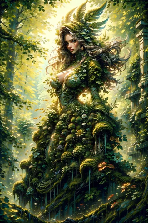 A young girl with long straight green hair, wearing an oriental style dress, exuding an air of elegance, cold green eyes, with a cynical smile, fair skin, delicate detailed facial features, intricate detailed dress, lush green garden background, dramatic lighting, cinematic composition, highly detailed, photorealistic, 8k, (masterpiece:1.2)