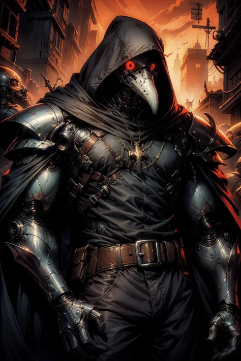 (masterpiece:1.1), (best quality:1.1), (flat colors:1.2), BREAK,
(noir:1.0), (biopunk:1.1), (gloomy:1.0), (red:1.0), (high contrast:1.0), (red:1.0), BREAK,
(solo:1.2), (upper body:1.0), (dynamic angle:1.1), (plague doctor:1.0), (cyborg:1.1), (muscular:1.1), (cybernetic augmentations:1.0), (robot body:1.0), (hood:1.0), (mechanical arms:1.0), (cloak:1.0), (shiny:1.0), (silver:1.0), (dirty:1.0), (cross pendant:1.0), (belt buckle:1.0), (pants.1.0), (nodf_lora:1.1), <lora:plague_doctor:0.8>, <lora:notion_of_dark_fantasy-nodf:0.4>,