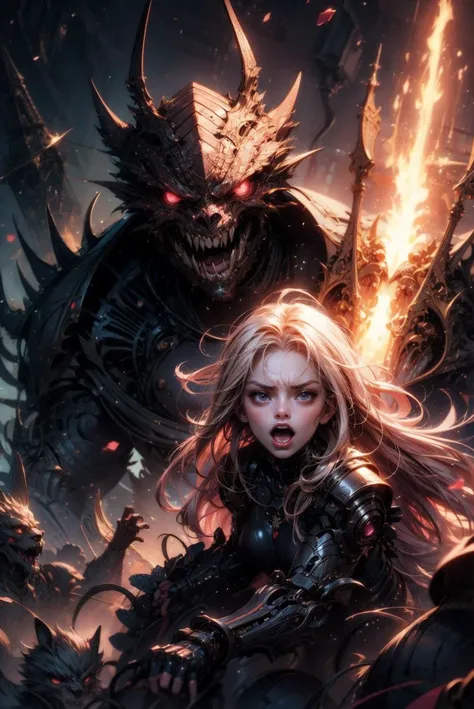 a cute girl, magical, kawaii, pink theme, 1girl angry, mouth open, rage, monster daddy behind girl protecting her from harm, anime, cyberpunk