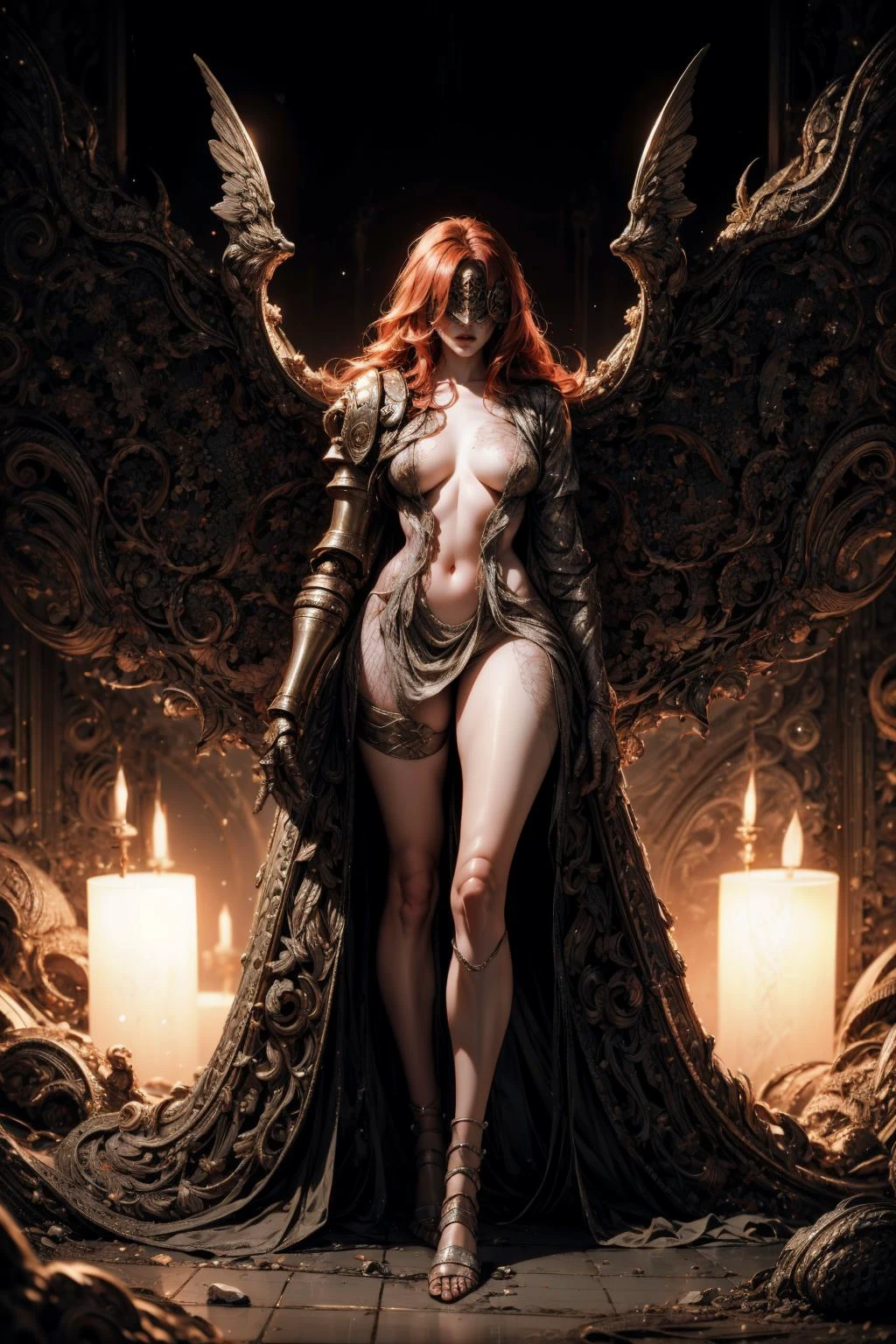 Highly detailed, High Quality, Masterpiece, beautiful, 1girl, prothestic leg, single mechanical arm, prosthesis, MaleniaRot, wings, covered eyes, scar, bug, <lora:MaleniaV2:1>, sword, full body, cave, (dim light, darness:1.2), <lora:colorify:-1>