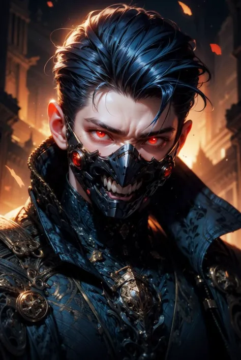 solo, long hair, looking at viewer, smile, open mouth, simple background, red eyes, gloves, 1boy, blue hair, upper body, male focus, glasses, teeth, black gloves, hand up, mask, glowing, portrait, glowing eyes, glowing eye, hair slicked back