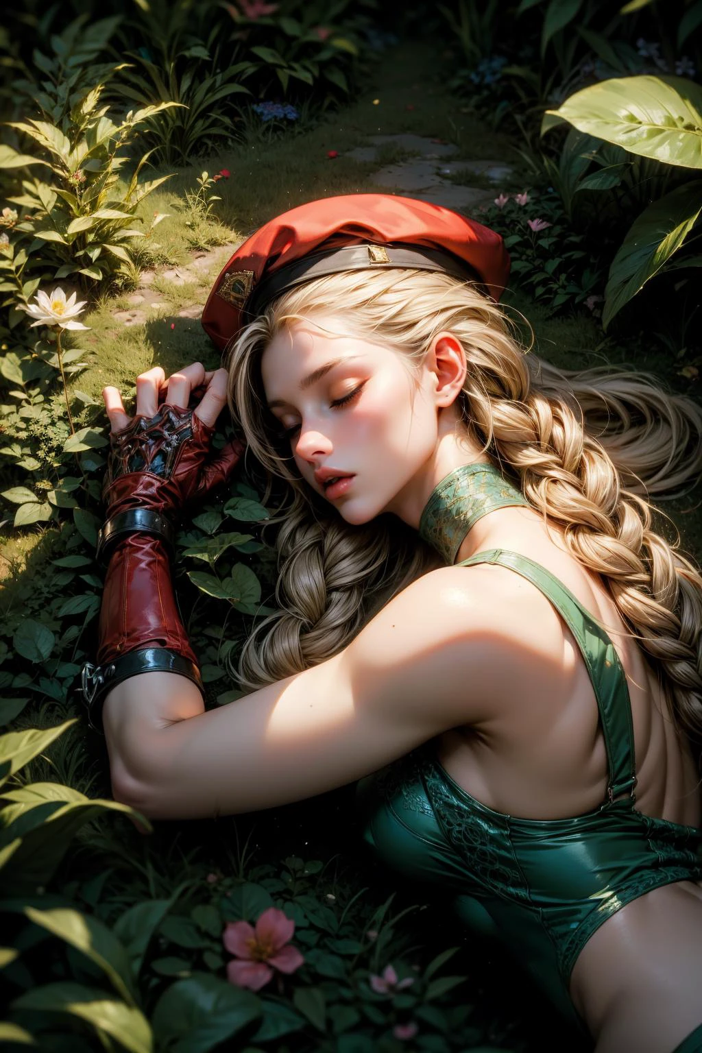 (masterpiece:1.4), (intricate:1.2), (detailed:1.2), (vibrant colors:1.2), BREAK,
(fantasy:1.2), (from above:1.2), (glowing:1.2), (luminescent:1.2), BREAK,
(1girl:1.2), (lying down on grass:1.2), (floral ornament:1.0), BREAK,
cammy white, sleeping, twin braids, long hair, blonde hair, antenna hair, beret, (red headwear:1.3), closed eyes, scar on cheek, green leotard, sleeveless, red gloves, fingerless gloves, camouflage, <lora:cammy_white_v1:0.8>, BREAK,
(garden:1.2), (flowers:1.2)