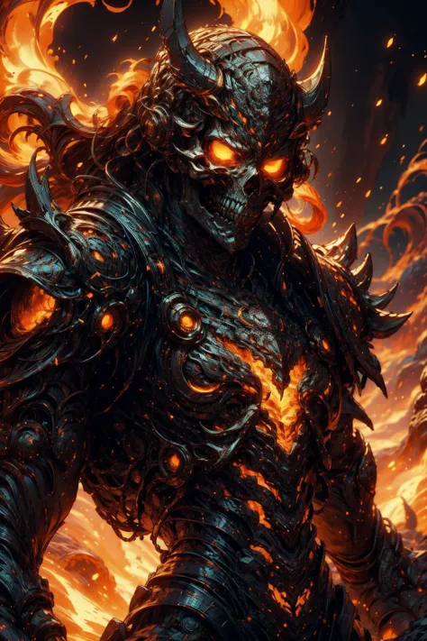 (masterpiece:1.1), (best quality:1.1), (vibrant colors:1.2), BREAK,
(infernal:1.1), (macabre:1.0), BREAK,
(solo:1.2), (dynamic angle:1.1), (lich:1.1), (skull face:1.0), (embers:1.0), (glowing:1.0), (burning:1.0), (demon horns:1.0), <lora:THE_Style:0.8> <lora:Clothing - Ember Armor_v2:0.7>, <lora:ExoMagmaTech-20:0.4>
