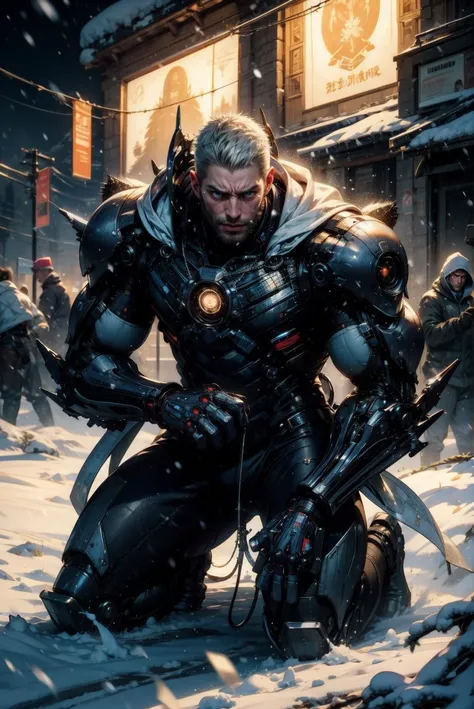 cinematic, dof, (masterpiece:1.2), (dynamic angle:1) high quality shadow, 1boy+4 cyborgs, long white hair, defeated, kneeling, cyberpunk, winter wonderland, in the snow, snowing, attached to wires from the wall, blade runner, dated, night, dark theme, blood, dated, 90s, blood on the ground, darkfantasy, lovecraftian, dark theme, (radiant light rays:1.2), (divine judgement:1.2), depth of field  <lora:biomanic:0.6>
