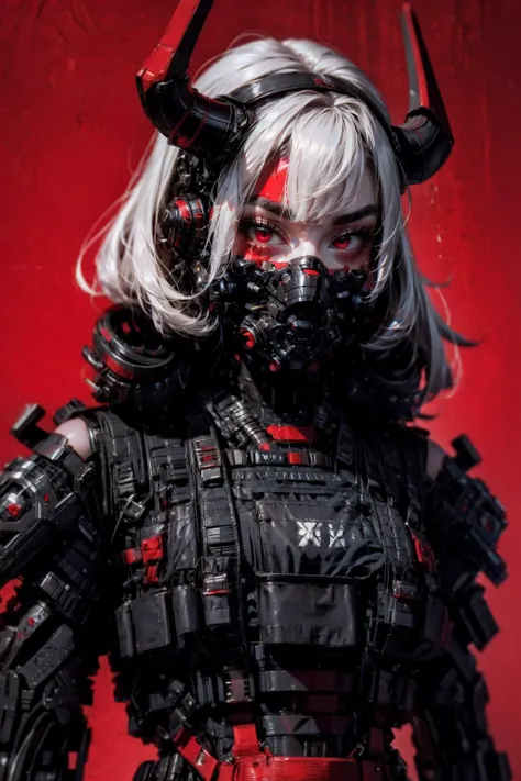 (masterpiece:1.1), (best quality:1.1), (flat colors:1.2), BREAK,
(dark fantasy:1.0), (red theme:1.1), (red background:1.0), (abstract background:1.0), BREAK,
(solo:1.2), (upper body:1.1), (woman:1.0), (robot:1.1), (cybernetic parts:1.1), (mechanical neck:1.0), (techwear jacket:1.0), (tactical vest:1.0), (mask:1.0), (demon horns:1.1), (white hair:1.1), (bob cut:1.0), (blunt bangs:1.0), <lora:urbansamurai_v0.3:0.8> <lora:girl_with_mask_lora013:0.6>