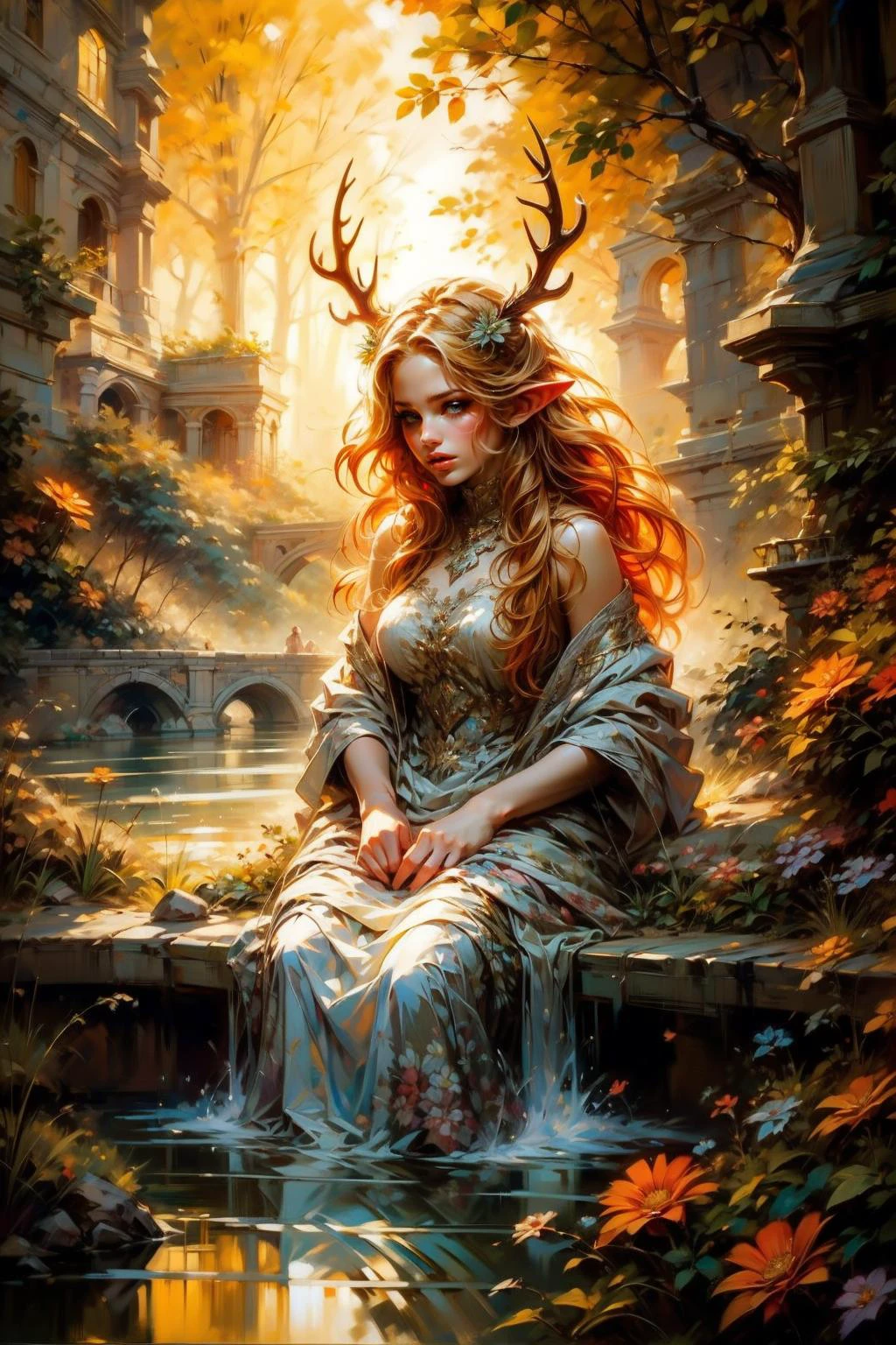 (masterpiece:1.1), (best quality:1.1), (detailed:1.0), (vibrant colors:1.2), BREAK, (fantasy:1.0), <lora:DWM_painting:0.8>, BREAK, (solo:1.4), (woman:1.1), (pointy ears:1.0), (cute:1.0), (adorable:1.0), (antlers:1.0), (sitting:1.0), (partially submerged:1.0), (long hair:1.0), (flower ornaments:1.0), BREAK, (pond:1.0), (flowers:1.1), (moss:1.0)