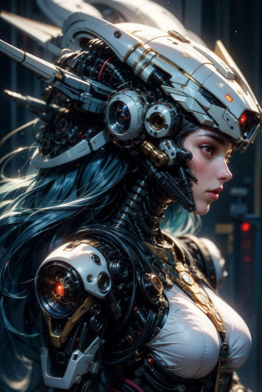 solo, red eyes, blue hair, upper body, blurry, from side, no humans, blurry background, glowing, blue background, helmet, robot, mecha, 1other, machinery, science fiction, cable, damaged, cyberpunk, mechanical parts, wire, humanoid robot, tube