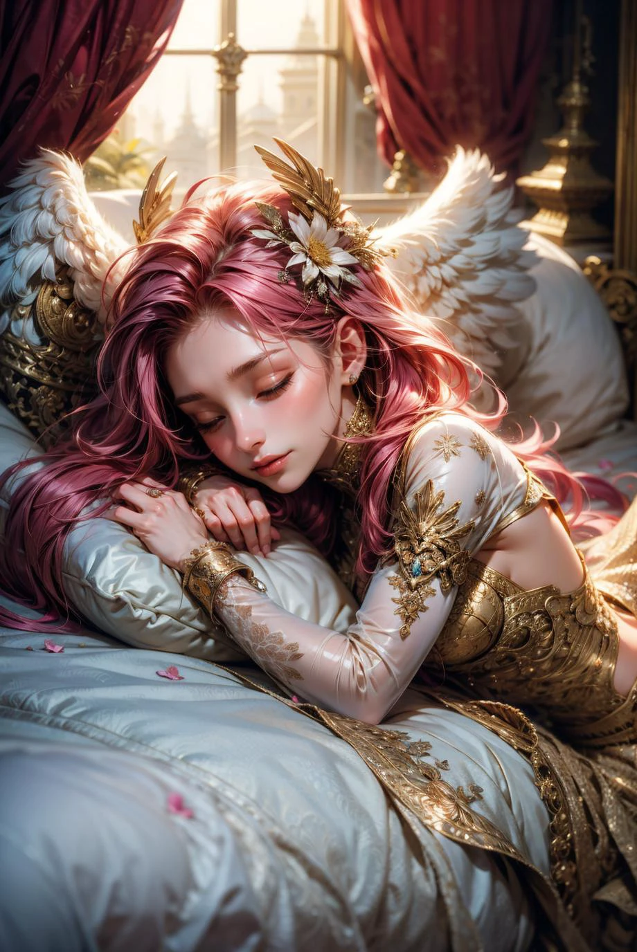 a girl sleeping in her room, closed eyes, slight smile, cute, kawaii, magical, bright pink hair, flowers, long flowy hair, head on pillow, fantasy, magical creatures around girl sleeping, creatures, angel wings
