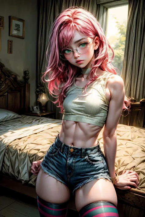 (masterpiece, best quality), 1girl, small breasts, small hips, green eyes, pink hair, crop top, denim shorts, bedroom, striped thighhighs, pervert, petite, glasses, <lora:add_detail:1>,