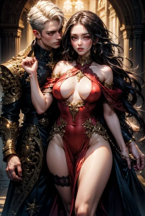 1women with 1male ,noble , short hair, right man with black hair, handsome, left girl with white hair, gothic dress, red eyes, glowing sparkle eyes, gigantic breasts, thick thigh, small waist,short