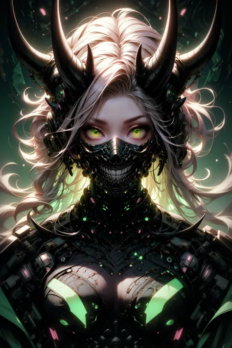 (masterpiece, best quality, detailed, aesthetic, pastel colors, backlight), scifi, (futuristic), upper body, portrait, demon girl, (green theme), cyborg, mechanical neck, mechanical horns, mask, solid background, looking at viewer, glowing eyes, glow, <lora:Ghost_Mask_V2_Gold_Edition:0.8>
