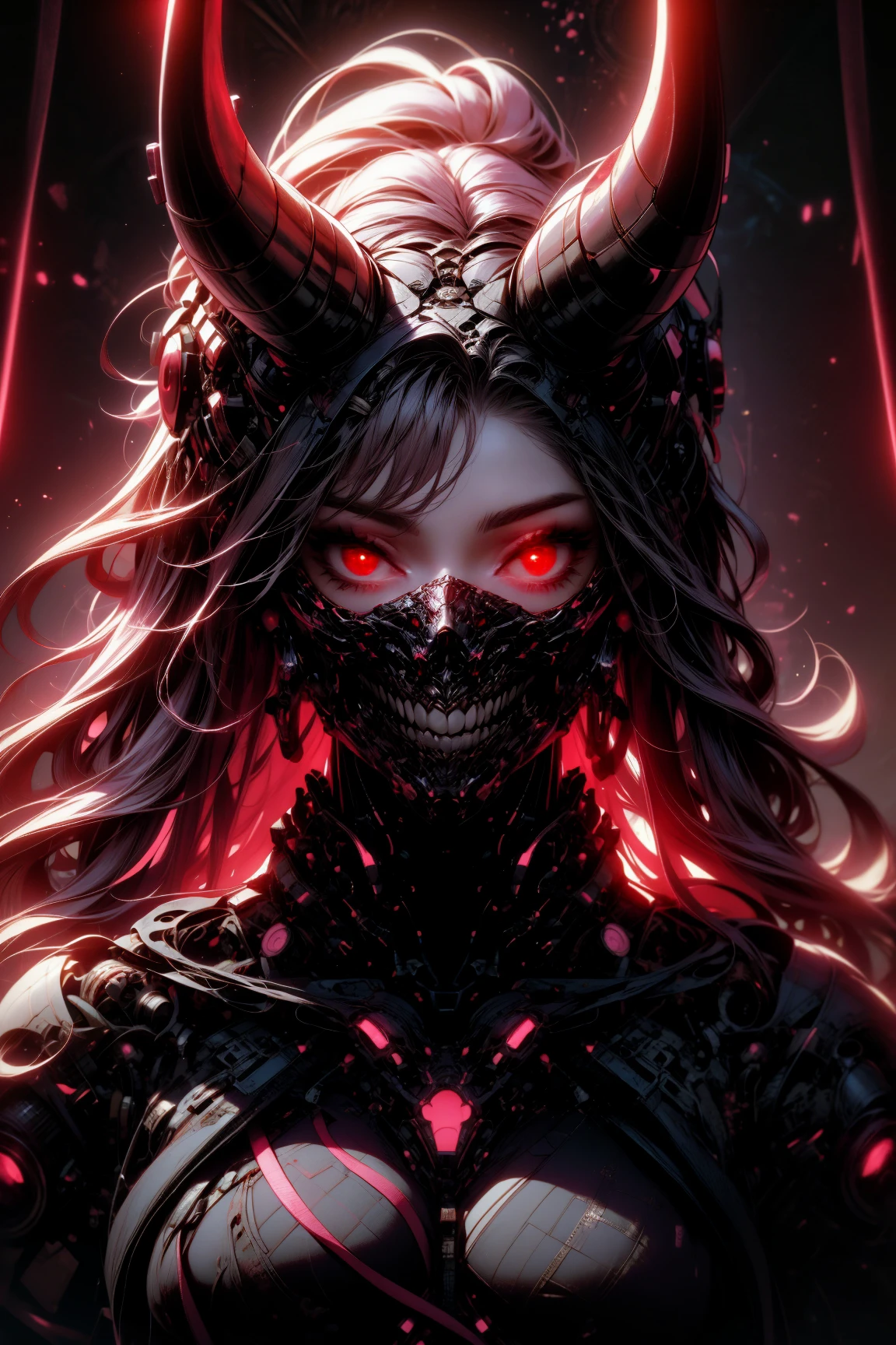 (masterpiece, best quality, detailed, aesthetic, pastel colors, backlight), scifi, (futuristic), upper body, portrait, demon girl, (crimson theme), cyborg, mechanical neck, mechanical horns, mask, solid background, looking at viewer, glowing eyes, glow, <lora:Ghost_Mask_V2_Gold_Edition:0.8>