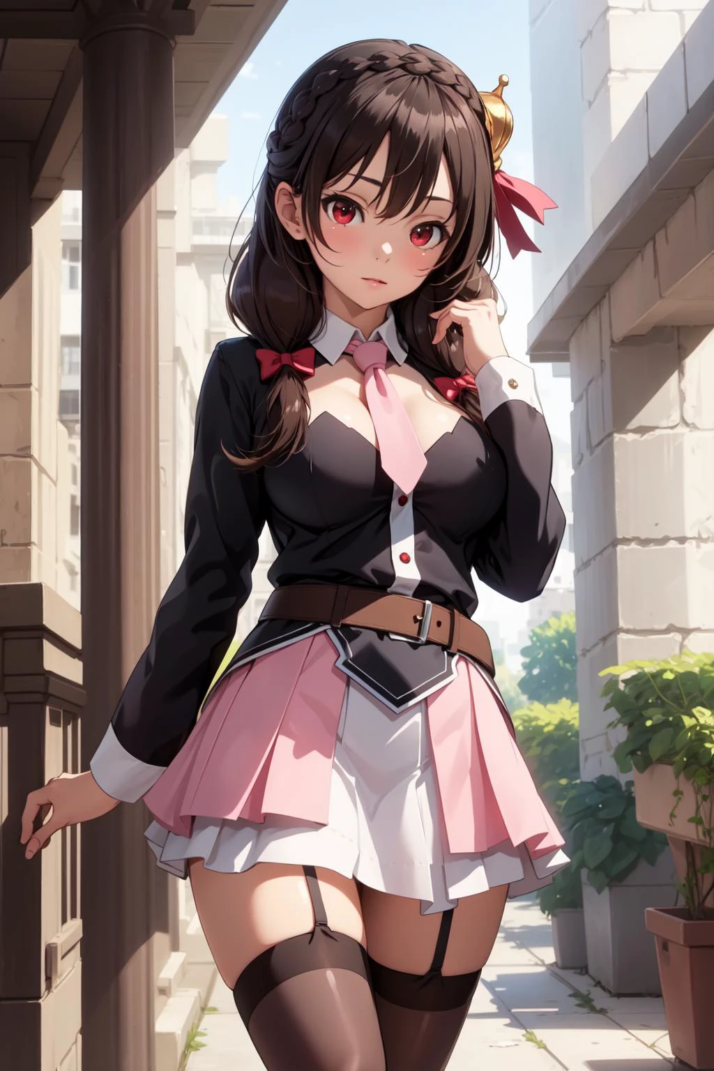 masterpiece, best quality, 1girl, solo, <lora:yunyun_v1:0.6>, yunyun, red eyes, thighhighs, skirt, braid, long hair, pink necktie, large breasts, belt, hair ornament, black hair, hair bow, crown braid, long sleeves, brown hair, twintails