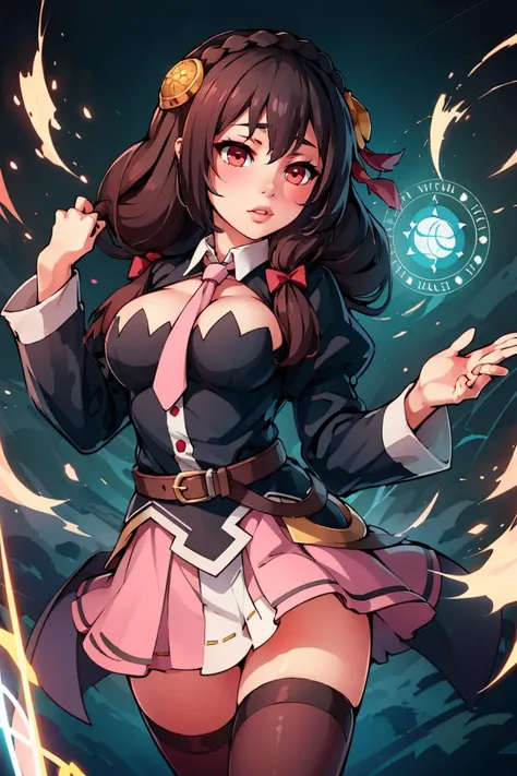 ((masterpiece,best quality)), yunyun1, 1girl, red eyes, solo, thighhighs, necktie, skirt, braid, long hair, pink necktie, large breasts, belt, hair ornament, black hair, hair bow, crown braid, long sleeves, brown hair, twintails, <lora:yunyun_v1:0.6>, spell, magic circle,