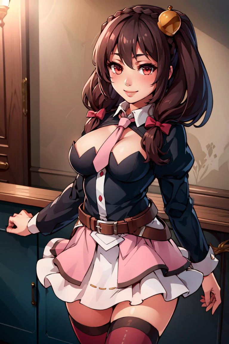 ((masterpiece,best quality)), yunyun1, 1girl, red eyes, solo, thighhighs, necktie, skirt, braid, long hair, pink necktie, large breasts, belt, hair ornament, black hair, hair bow, crown braid, long sleeves, brown hair, twintails, <lora:yunyun_v1:0.6>, cowboy shot, smile,