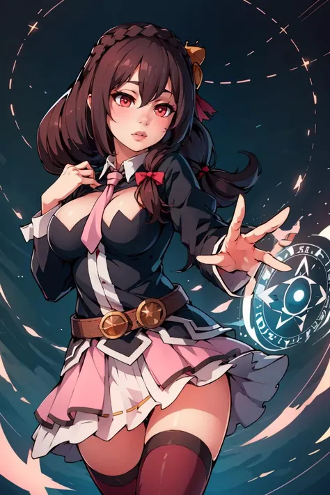 ((masterpiece,best quality)), yunyun1, 1girl, red eyes, solo, thighhighs, necktie, skirt, braid, long hair, pink necktie, large breasts, belt, hair ornament, black hair, hair bow, crown braid, long sleeves, brown hair, twintails, <lora:yunyun_v1:0.6>, spell, magic circle,