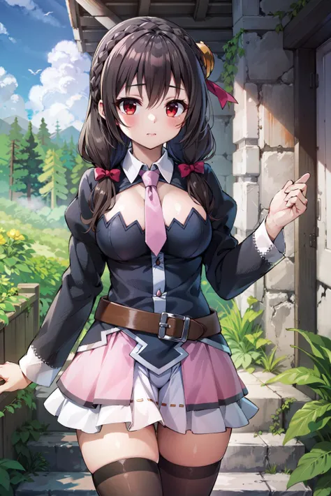 masterpiece, best quality, ultra-detailed, extremely detailed,illustration, yunyun1, 1girl, red eyes, solo, thighhighs, skirt, braid, long hair, pink necktie, large breasts, belt, hair ornament, black hair, hair bow, crown braid, long sleeves, brown hair, twintails, dungeon, forest, blue sky, cowboy shot, <lora:yunyun_v1:0.7> <lora:Yabuki Kentarou_v2:0.6>