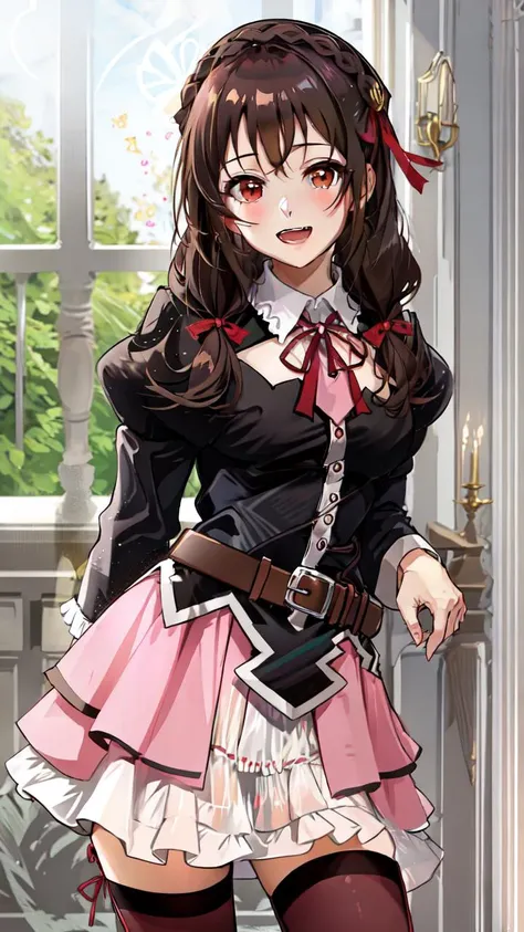 lumen reflections, natural lighting, evocative, triadic color scheme, cowboy shot, elegant, voluptuous:0.6, looking at viewer, 1girl, female, solo, blush, open mouth, smile, teeth, sfw, <lora:yunyun_v1:1>, yunyun1, dark brown hair, twin tails, red eyes, ribbons, red ribbons, ribbons on hair, top, black top, long sleeve top, collar, white collar, tie, pink tie, tie on top, belt, brown belt, skirt, pink skirt, pleated skirt, frills, white frills, frills on skirt, red thigh highs