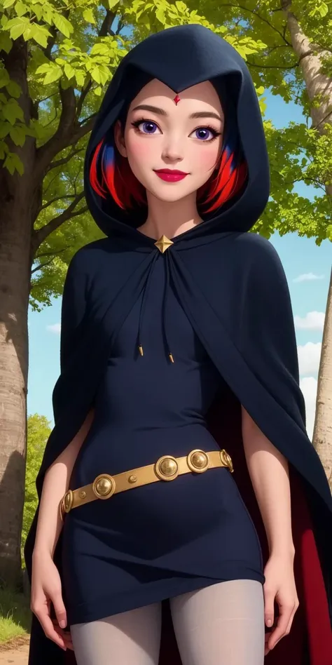 raven, 1girl, solo, purple eyes, black hair, red hair, multicolored hair, two-tone hair, gradient hair, short hair, makeup, forehead jewel,
black dress, pantyhose, belt, cape, hood,
smile,closed mouth,cowboy shot,upper body,
forest,outdoor,
(insanely detailed, beautiful detailed face, masterpiece, best quality) cinematic lighting,<lora:Raven_SHG_v1:1>, <lora:more_details:0.3>,