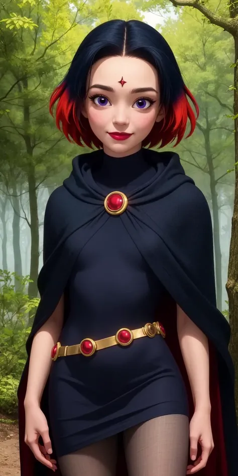raven, 1girl, solo, purple eyes, black hair, red hair, multicolored hair, two-tone hair, gradient hair, short hair, makeup, forehead jewel,
black dress, pantyhose, belt, cape,
smile,closed mouth,cowboy shot,upper body,
forest,outdoor,
(insanely detailed, beautiful detailed face, masterpiece, best quality) cinematic lighting,<lora:Raven_SHG_v1:1>, <lora:more_details:0.3>,
