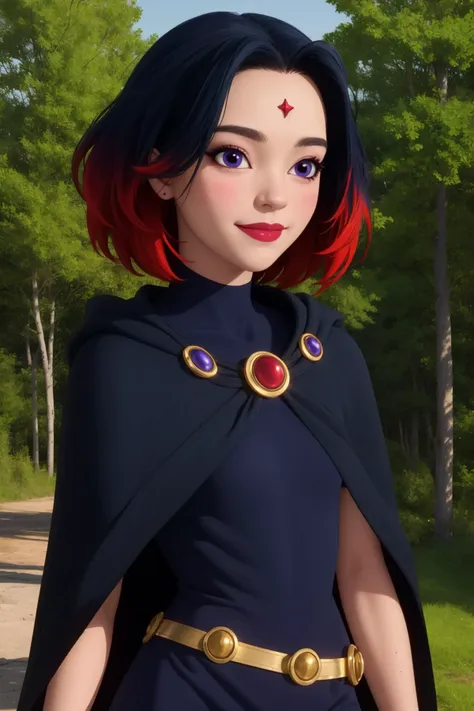 raven, 1girl, solo, purple eyes, black hair, red hair, multicolored hair, two-tone hair, gradient hair, short hair, makeup, forehead jewel,
black dress, pantyhose, belt, cape,
smile,closed mouth,cowboy shot,upper body,
forest,outdoor,
(insanely detailed, beautiful detailed face, masterpiece, best quality) cinematic lighting,<lora:Raven_SHG_v1:1>, <lora:more_details:0.3>,