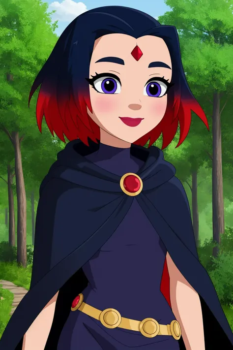 raven, 1girl, solo, purple eyes, black hair, red hair, multicolored hair, two-tone hair, gradient hair, short hair, makeup, forehead jewel,
black dress, pantyhose, belt, blue cape,
smile,closed mouth,cowboy shot,upper body,
forest,outdoor,
(insanely detailed, beautiful detailed face, masterpiece, best quality) cinematic lighting,<lora:Raven_SHG_v1:1>, <lora:more_details:0.3>,