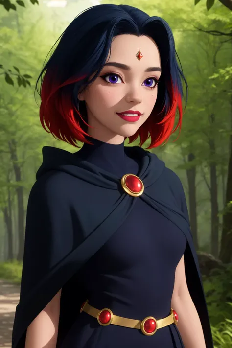 raven, 1girl, solo, purple eyes, black hair, red hair, multicolored hair, two-tone hair, gradient hair, short hair, makeup, forehead jewel,
black dress, pantyhose, belt, cape,
smile,closed mouth,cowboy shot,upper body,
forest,outdoor,
(insanely detailed, beautiful detailed face, masterpiece, best quality) cinematic lighting,<lora:Raven_SHG_v1:1>, <lora:more_details:0.3>,