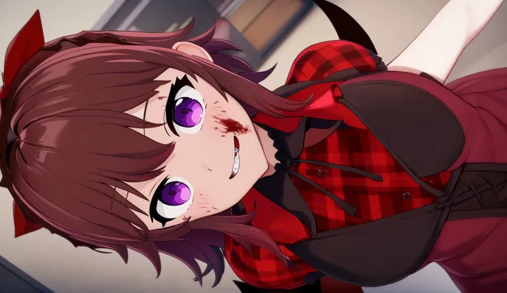 (masterpiece, best quality, very aesthetic, absurdres, anime, exceptional, best aesthetic, new, newest,extremely detailed, wdgoodprompt:1.2),(waifu,anime,exceptional,best aesthetic,new,newest,best quality,masterpiece,extremely detailed:1.2), Uta Ushibori, Lessons in love, 1girl, solo, purple eyes, brown hair, plaid shirt, smile, looking at viewer, (vampire:1.3), vampire costume, dark aura, horror \(theme\), remilia scarlet, dress, red dress, vampire wings. blood, blood on clothes, blood on face, blood on hands, bloody clothes, bloody dress <lora:lillora-000022:0.9>