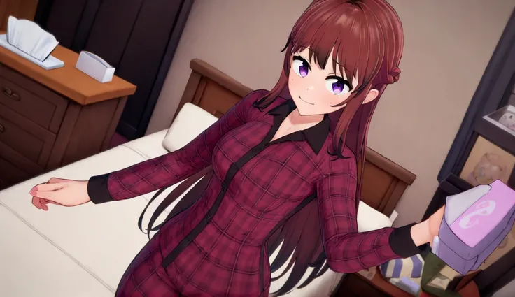 (masterpiece, best quality, very aesthetic, absurdres, anime, exceptional, best aesthetic, new, newest,extremely detailed, wdgoodprompt:1.2),(waifu,anime,exceptional,best aesthetic,new,newest,best quality,masterpiece,extremely detailed:1.2), Uta Ushibori, Lessons in love, 1girl, solo, purple eyes, brown hair, plaid shirt, smile, looking at viewer, long hair, shirt, indoors, pajamas, plaid, bedroom, tissue box, breasts, bed <lora:lillora-000022:1>
