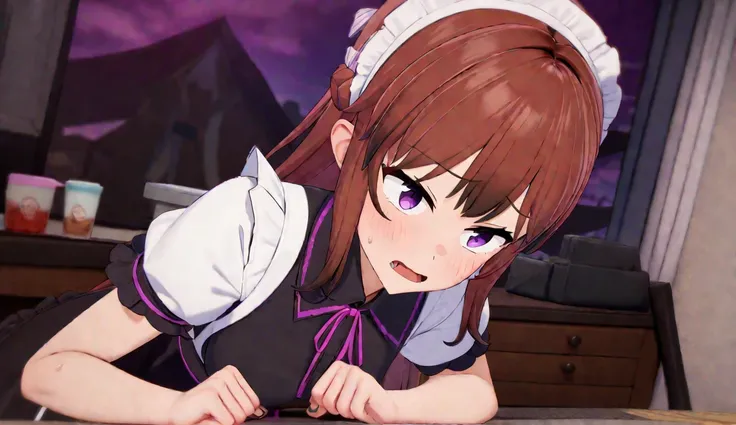 (masterpiece, best quality, very aesthetic, absurdres, anime, exceptional, best aesthetic, new, newest,extremely detailed, wdgoodprompt:1.2),(waifu,anime,exceptional,best aesthetic,new,newest,best quality,masterpiece,extremely detailed:1.2), Uta Ushibori, Lessons in love, 1girl, solo, purple eyes, brown hair, maid dress, dark aura, vampire, touhou <lora:lillora-000022:1>