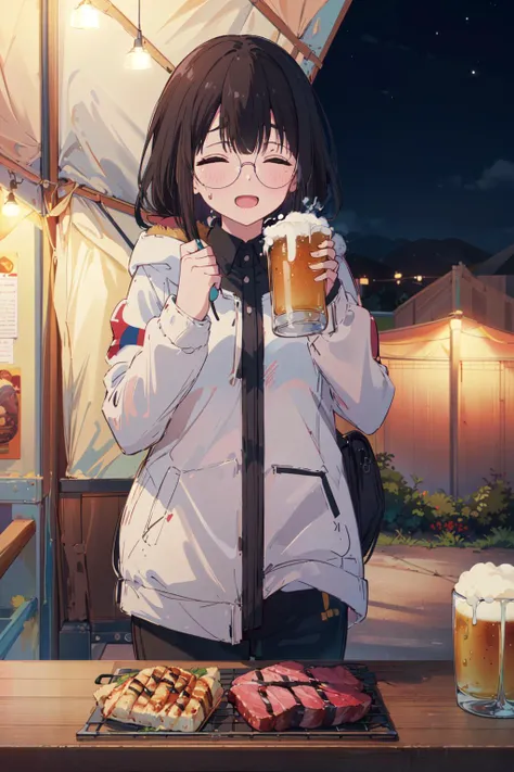 (masterpiece:1.4), (best quality:1.4), (high resolution:1.4), (masterpiece, best quality, high resolution:1.4),
1girl, toba-sensei, glasses, long hair, closed eyes, ;d, blush, beer, drinking,
outdoors, night, tent, grill, meat, grilling,
<lora:toba-sensei_v1:1>